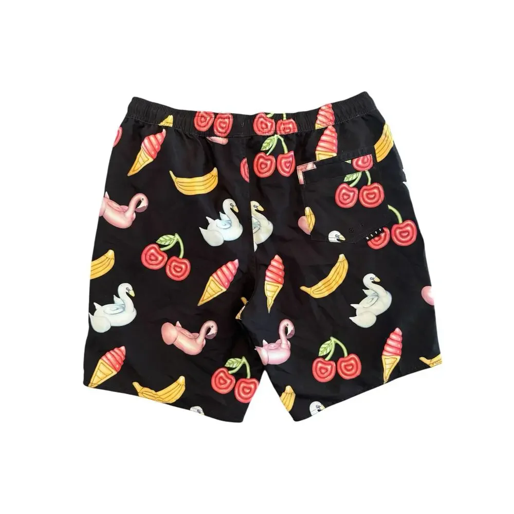 NWT NEFF XL Black Novelty Print Swim Trunks 19” Board Shorts Cherry Flamingo